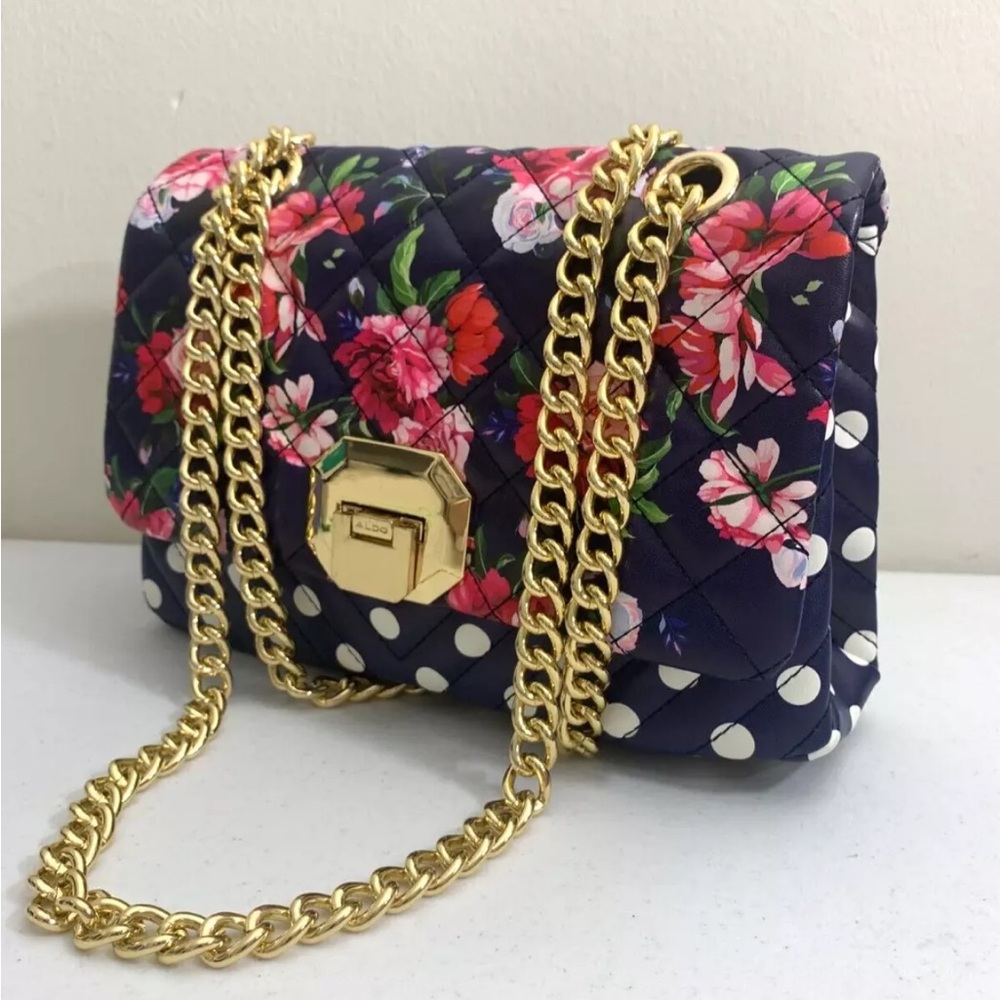 ALDO Blue Quilted Floral Flap Shoulder Bag White Dot Adjustable Gold Chain Purse
